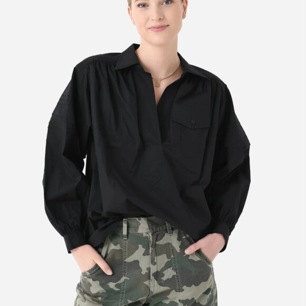 Hunter Bell Evangeline Black Casual Designer Popover Blouse Balloon Sleeve Top M